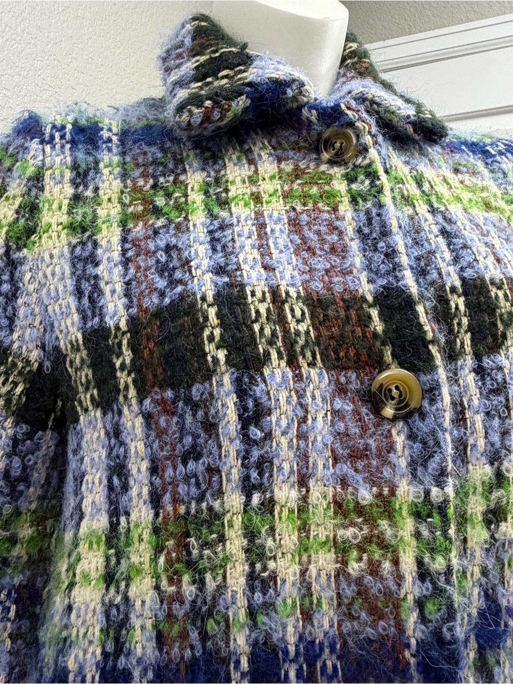 Boden Plaid Bouclé Wool Blend Coat in Blue, Green & Brown - Size 16